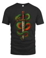 Mythic Serpent Sword Rune Art Graphic Tshirt Dark Fantasy Power - black t-shirt on white background
