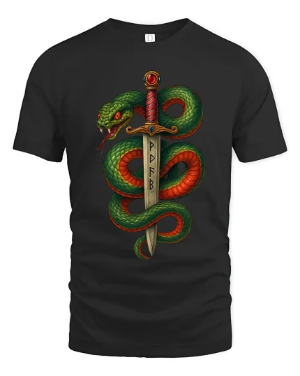 Mythic Serpent Sword Rune Art Graphic Tshirt Dark Fantasy Power - black t-shirt on white background