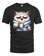 Sleepy Owl Coffee Mood Graphic Tshirt Cute Morning Vibes - black t-shirt on white background