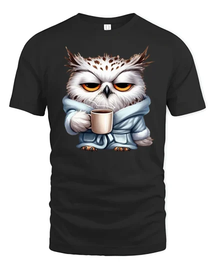 Sleepy Owl Coffee Mood Graphic Tshirt Cute Morning Vibes - black t-shirt on white background