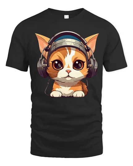 Cute Kitten Wearing Headphones Music Art Graphic Tshirt Fun - black t-shirt on white background