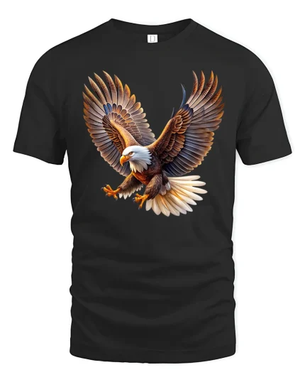 Majestic Flying Eagle Wings Spread Art Graphic Tshirt Power - black t-shirt on white background