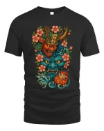 Japanese Oni Mask Samurai Spirit Art Graphic Tshirt Bold Luck - black t-shirt on white background