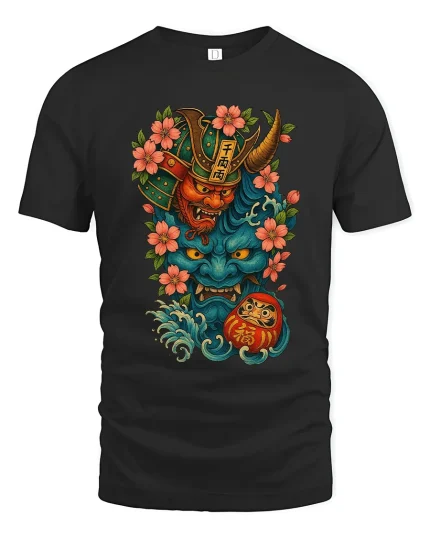 Japanese Oni Mask Samurai Spirit Art Graphic Tshirt Bold Luck - black t-shirt on white background