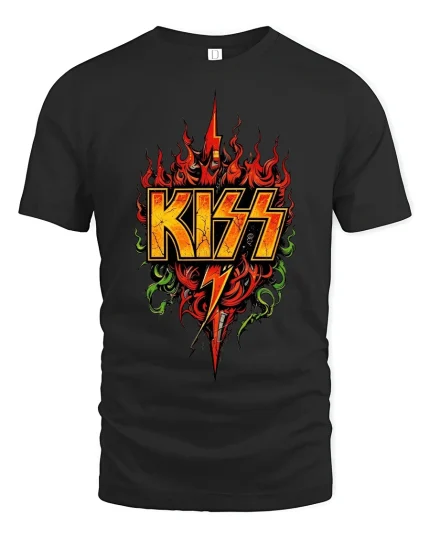 KISS Rock Band Fire Lightning Graphic Tshirt Loud Music Energy - black t-shirt on white background