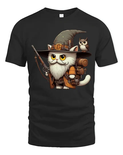 Wizard Cat Adventurer Fantasy Art Graphic Tshirt Cute Magic - black t-shirt on white background