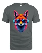 Neon Fox with Headphones Music Art Graphic Tshirt Cool Vibes - gray t-shirt on white background