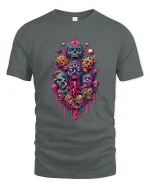 Psychedelic Horror Skull Monster Art Graphic Tshirt Neon Chaos - gray t-shirt on white background