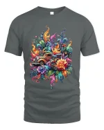 Psychedelic Vintage Truck Floral Explosion Graphic Tshirt Art - gray t-shirt on white background