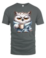 Sleepy Owl Coffee Mood Graphic Tshirt Cute Morning Vibes - gray t-shirt on white background