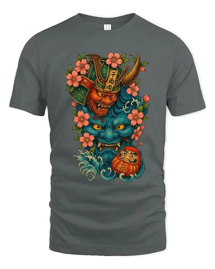 Japanese Oni Mask Samurai Spirit Art Graphic Tshirt Bold Luck - gray t-shirt on white background