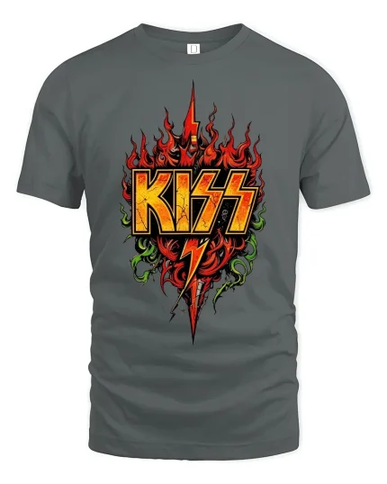 KISS Rock Band Fire Lightning Graphic Tshirt Loud Music Energy - gray t-shirt on white background