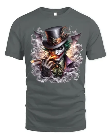Dark Grinning Clown Smoke Art Graphic Tshirt Twisted Style - gray t-shirt on white background