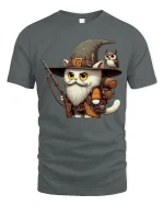 Wizard Cat Adventurer Fantasy Art Graphic Tshirt Cute Magic - gray t-shirt on white background