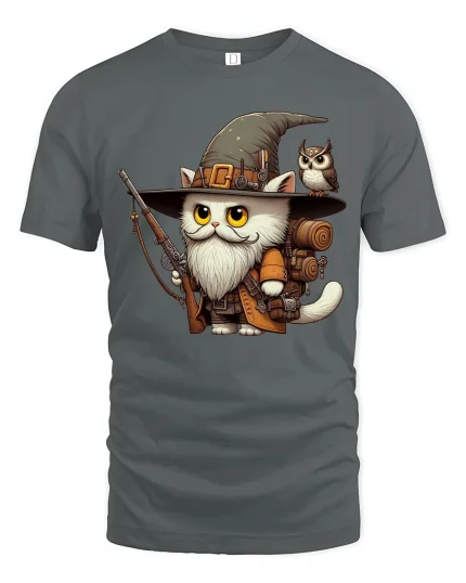 Wizard Cat Adventurer Fantasy Art Graphic Tshirt Cute Magic - gray t-shirt on white background