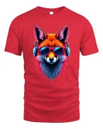 Neon Fox with Headphones Music Art Graphic Tshirt Cool Vibes - red t-shirt on white background