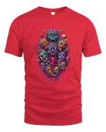 Psychedelic Horror Skull Monster Art Graphic Tshirt Neon Chaos - red t-shirt on white background