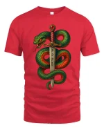 Mythic Serpent Sword Rune Art Graphic Tshirt Dark Fantasy Power - red t-shirt on white background