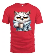 Sleepy Owl Coffee Mood Graphic Tshirt Cute Morning Vibes - red t-shirt on white background