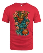 Japanese Oni Mask Samurai Spirit Art Graphic Tshirt Bold Luck - red t-shirt on white background
