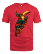 Tropical Toucan Bird Jungle Art Graphic Tshirt Colorful Nature - red t-shirt on white background