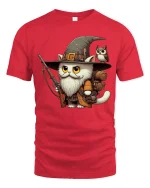 Wizard Cat Adventurer Fantasy Art Graphic Tshirt Cute Magic - red t-shirt on white background