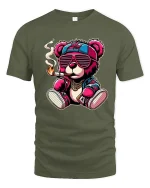 Cool Hip Hop Teddy Bear Street Style Graphic Tshirt Funny Vibes - military green t-shirt on white background