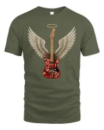 Angel Wing Electric Guitar Rock Art Graphic Tshirt Music Soul - military green t-shirt on white background