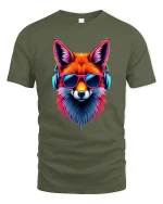 Neon Fox with Headphones Music Art Graphic Tshirt Cool Vibes - military green t-shirt on white background