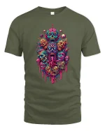 Psychedelic Horror Skull Monster Art Graphic Tshirt Neon Chaos - military green t-shirt on white background