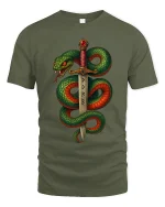 Mythic Serpent Sword Rune Art Graphic Tshirt Dark Fantasy Power - military green t-shirt on white background