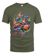 Psychedelic Vintage Truck Floral Explosion Graphic Tshirt Art - military green t-shirt on white background