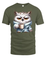 Sleepy Owl Coffee Mood Graphic Tshirt Cute Morning Vibes - military green t-shirt on white background