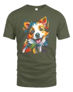 Colorful Happy Dog Art Illustration Graphic Tshirt Joy - military green t-shirt on white background