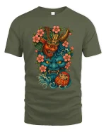 Japanese Oni Mask Samurai Spirit Art Graphic Tshirt Bold Luck - military green t-shirt on white background