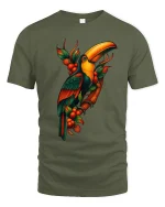 Tropical Toucan Bird Jungle Art Graphic Tshirt Colorful Nature - military green t-shirt on white background