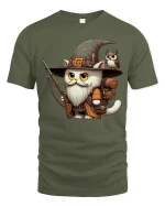 Wizard Cat Adventurer Fantasy Art Graphic Tshirt Cute Magic - military green t-shirt on white background