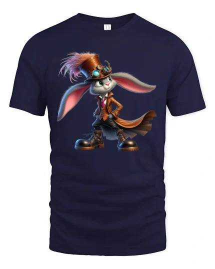 Steampunk Rabbit Adventurer Fantasy Art Graphic Tshirt Whimsy - navy t-shirt on white background