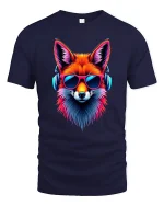 Neon Fox with Headphones Music Art Graphic Tshirt Cool Vibes - navy t-shirt on white background