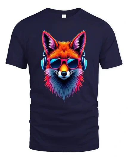 Neon Fox with Headphones Music Art Graphic Tshirt Cool Vibes - navy t-shirt on white background
