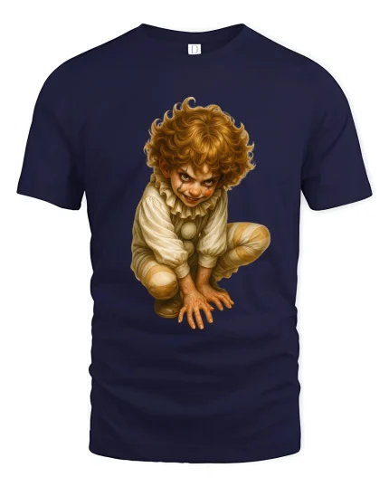Creepy Vintage Clown Child Art Graphic Tshirt Dark Humor - navy t-shirt on white background