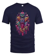 Psychedelic Horror Skull Monster Art Graphic Tshirt Neon Chaos - navy t-shirt on white background