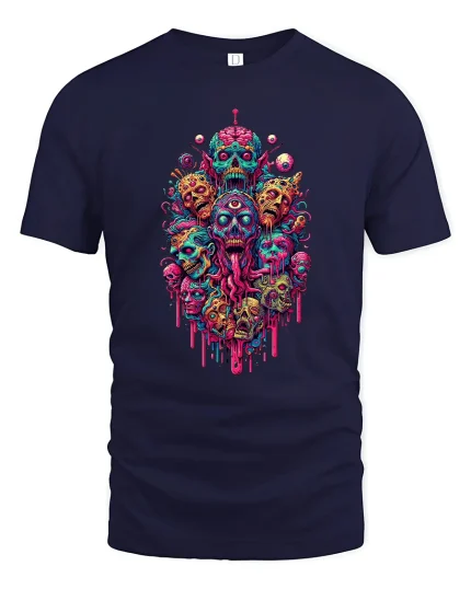Psychedelic Horror Skull Monster Art Graphic Tshirt Neon Chaos - navy t-shirt on white background
