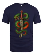 Mythic Serpent Sword Rune Art Graphic Tshirt Dark Fantasy Power - navy t-shirt on white background