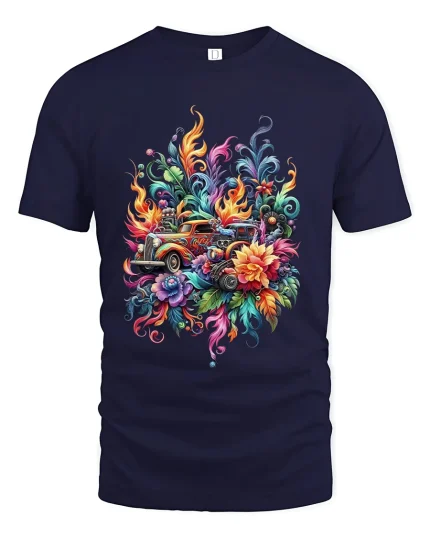 Psychedelic Vintage Truck Floral Explosion Graphic Tshirt Art - navy t-shirt on white background