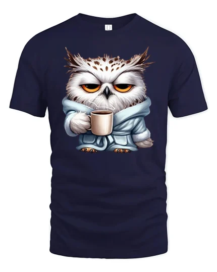 Sleepy Owl Coffee Mood Graphic Tshirt Cute Morning Vibes - navy t-shirt on white background