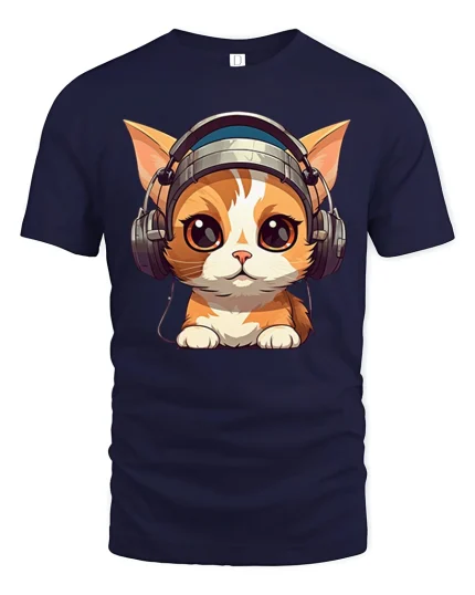 Cute Kitten Wearing Headphones Music Art Graphic Tshirt Fun - navy t-shirt on white background
