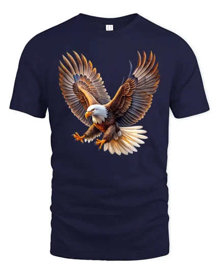 Majestic Flying Eagle Wings Spread Art Graphic Tshirt Power - navy t-shirt on white background