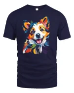 Colorful Happy Dog Art Illustration Graphic Tshirt Joy - navy t-shirt on white background