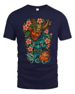 Japanese Oni Mask Samurai Spirit Art Graphic Tshirt Bold Luck - navy t-shirt on white background